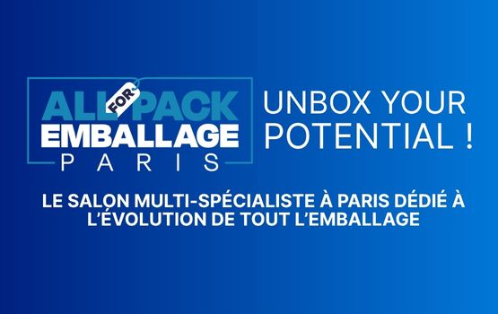 Logo du salon ALLFORPACK EMBALLAGE PARIS avec le slogan "Unbox your potential !" et le texte "Le salon multi-spécialiste à Paris dédié à l’évolution de tout l’emballage" sur fond bleu