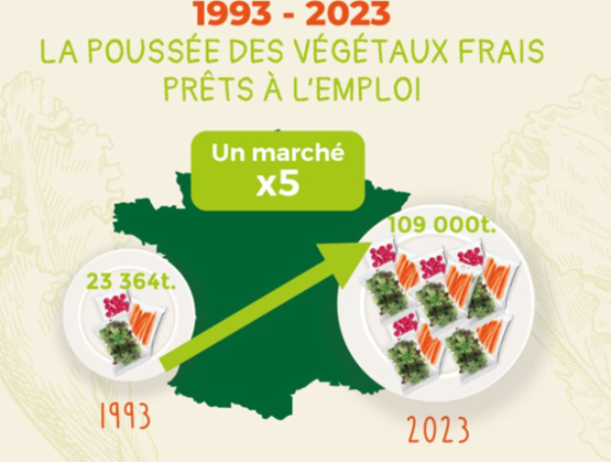 Infographie montrant l’évolution du marché des végétaux frais prêts à l’emploi en France de 1993 à 2023, passant de 23 364 tonnes à 109 000 tonnes, soit une multiplication par cinq. Deux assiettes illustrent les volumes, avec une flèche ascendante sur une carte de France en arrière-plan.          