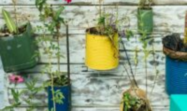 Pots de fleurs fabriqués à partir de boîtes de conserve colorées suspendues à un mur en bois recyclé, illustrant une démarche de réemploi et d’écoconception.
