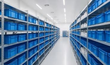 Entrepôt pharmaceutique moderne avec rayonnages modulaires et bacs plastiques bleus dans un environnement stérile et lumineux.