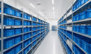 Entrepôt pharmaceutique moderne avec rayonnages modulaires et bacs plastiques bleus dans un environnement stérile et lumineux.