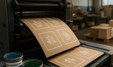 Presse d’impression moderne produisant des emballages écologiques sur papier kraft, avec des encres vertes et bleues éco-responsables dans un atelier lumineux.