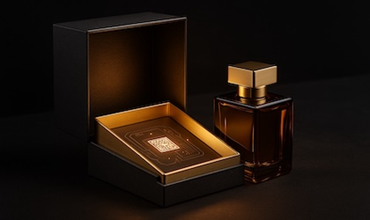 Luxury perfume packaging combining refined artisanal design and connected technologies such as NFC, symbolising the fusion of tradition and innovation in packaging.