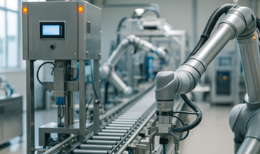 Robot with an articulated arm in front of a conveyor belt machine