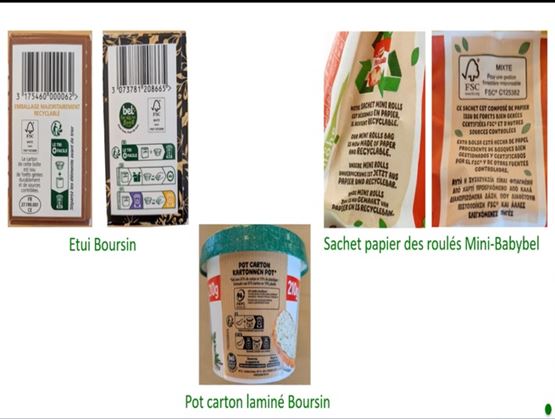 Against a white background, we see a Boursin case, a paper bag of Mini Babybel rolls and a laminated cardboard Boursin pot during the BEL Group's presentation at an ALLFORPACK EMBALLAGE PARIS webinar.