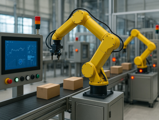 Yellow articulated machines in front of boxes on a conveyor belt