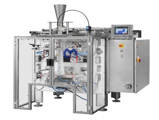 Industrial vertical stainless steel bagging machine used for the automated packaging of bags.