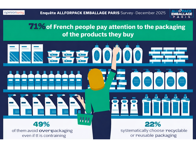 Supermarket shelf illustrating the results of the OpinionWay survey for the Allforpack Emballage Paris trade show on the attention paid to packaging.