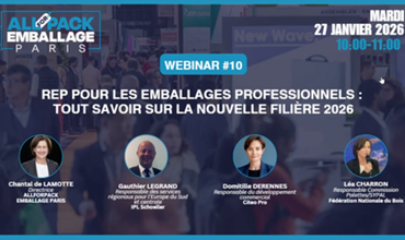 Bannière du webinar ALLFORPACK EMBALLAGE PARIS présentant un événement en ligne sur les emballages professionnels et la nouvelle filière 2026, avec les intervenants et les informations de date et d’horaire.