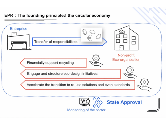 An explanatory diagram illustrates the REP principle as the foundation of the circular economy, showing how companies transfer responsibility and funding to a state-approved, non-profit eco-organisation to support recycling, eco-design and reuse solutions.