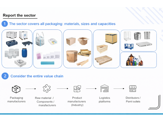 An overview slide recalls the scope of the regulation, showing that it applies to all types of professional packaging regardless of material, format or size, and covers the entire value chain from packaging manufacturers to distributors.