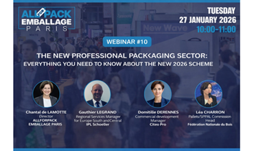 A promotional banner for ALLFORPACK EMBALLAGE PARIS announces Webinar #10 on Tuesday 27 January 2026 (10:00–11:00) about the new 2026 EPR scheme for professional packaging, featuring four industry speakers against a busy trade show background.