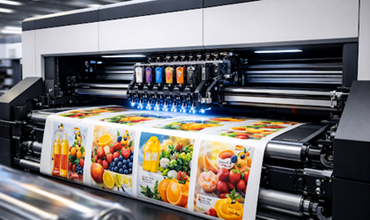 Imprimante industrielle grand format en train d’imprimer des visuels colorés de fruits et légumes sur un rouleau.