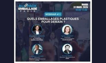 Affiche de webinar All4Pack Emballage Paris sur les emballages plastiques de demain, avec date et intervenants.
