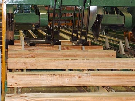 Lignes de production industrielles où des planches de bois sont transportées et découpées par des machines dans une scierie ou une usine de transformation du bois.