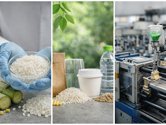Three-panel collage showing bio-based plastic pellets held in a laboratory, single-use food packaging made from plant-based materials, and an industrial production line for plastic containers.