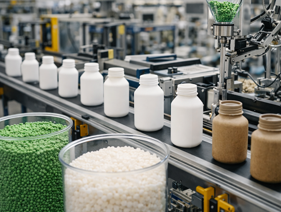 Ligne de production industrielle avec des flacons en plastique blanc et brun sur un convoyeur, des granulés de matière plastique verte et blanche, et une machine de remplissage en arrière-plan.