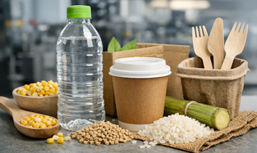 Water bottle, paper cup, wooden cutlery, and biodegradable packaging displayed with corn kernels, soybeans, and sugar, illustrating bio-based materials.