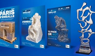 Series of promotional posters for a packaging trade show in Paris, featuring creative visuals and an award trophy on a blue background.