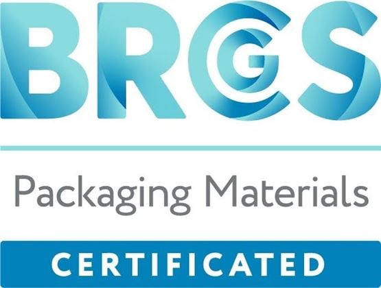 Logo BRGS Packaging Materials Certified en bleu et gris sur fond blanc.