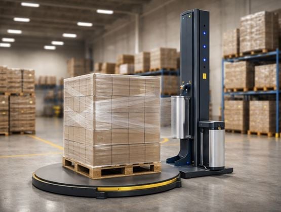 Automatic stretch wrapping machine wrapping a pallet of boxes with plastic film in a logistics warehouse.