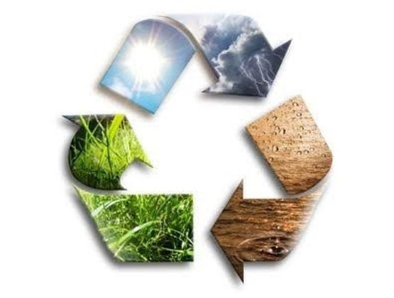 Recycling symbol made of images of nature, sunlight, storm clouds, and wood.
