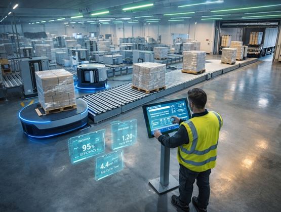 Operator monitoring and controlling autonomous mobile robots in an automated warehouse, with pallets of goods transported on conveyor systems.