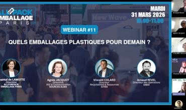 A professional webinar slide showing the plastic packaging of the future, featuring the speakers and a video conferencing interface in the background.