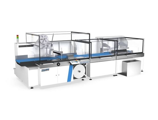 Hugo Beck industrial packaging machine with a blue conveyor belt and transparent protective covers.