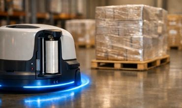 Robot mobile autonome se déplaçant dans un entrepôt, transportant une bobine de film plastique à proximité de palettes de marchandises emballées.