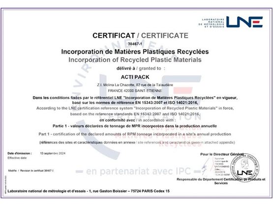 LNE certificate awarded to Acti Pack for the incorporation of recycled plastic materials.