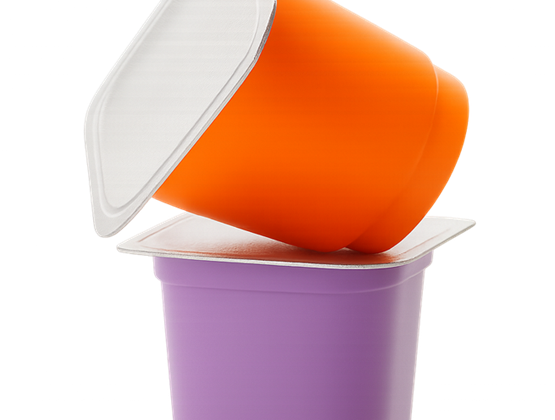 Deux pots alimentaires individuels colorés empilés, l’un orange incliné sur un pot violet.
