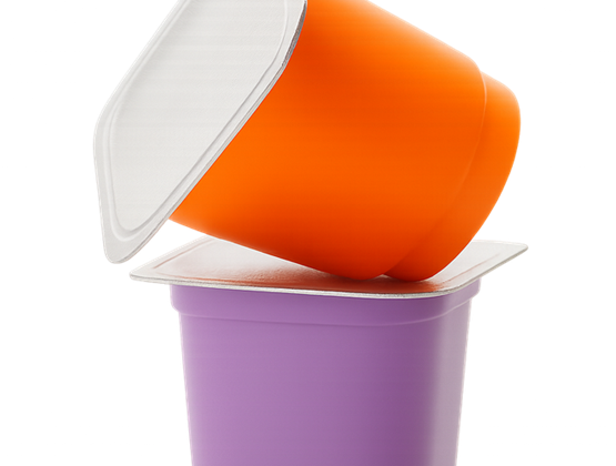 Two colorful single-serve food containers stacked, with an orange one tilted on top of a purple one.