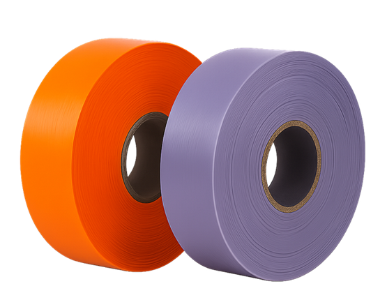 Two rolls of colored plastic film, orange and purple, placed side by side.