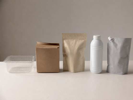 Assorted packaging samples lined up on a table, including a plastic tray, cardboard box, kraft pouch, white bottle and grey flexible pouch.