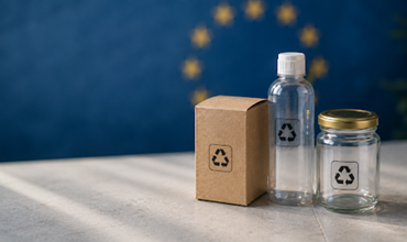 Recyclable packaging, plastic bottle and glass jar with recycling symbols, set against a blue background with European stars.
