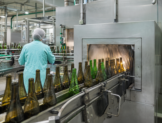 Glass bottles moving along a production line in an industrial bottling plant.