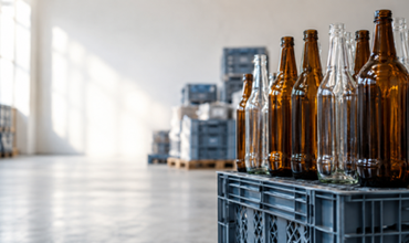 Reusable glass bottles stored in a crate inside a warehouse.
