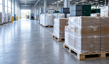 Pallets, bulk bags and packaged goods stored inside a logistics warehouse.