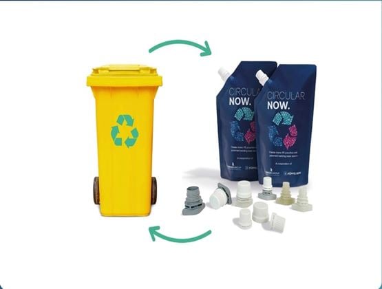 Bac de recyclage, sachets souples à bec verseur et bouchons en plastique illustrant un concept d’emballage circulaire.