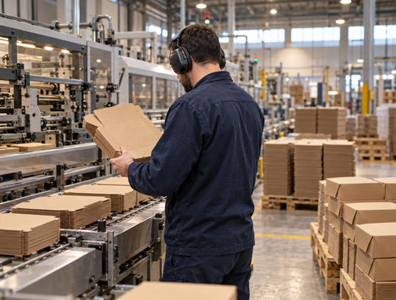 Opérateur manipulant des emballages en carton à plat sur une ligne de production industrielle.