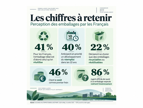Infographie présentant les principaux chiffres sur la perception des emballages et du réemploi par les Français.