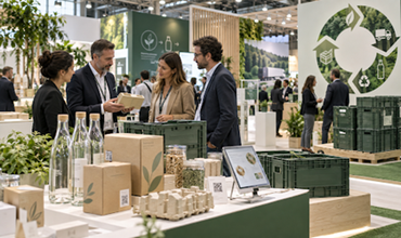 Professionnels échangeant autour de solutions d’emballage durable sur un stand présentant des caisses réutilisables et des emballages éco-conçus.