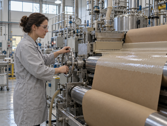 Technicienne surveillant l’application d’un revêtement barrière sur une bande de papier sur une ligne industrielle.