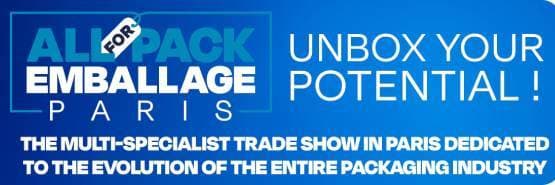 Logo of the ALLFORPACK EMBALLAGE PARIS trade show with the slogan ‘Unbox your potential!’ and the text ‘The multi-specialist trade show in Paris dedicated to the evolution of all packaging’ on a blue background.